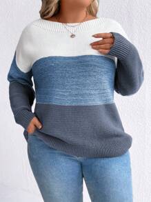 SHEIN LUNE Plus Size Women Contrast Color Round Neck Drop Shoulder Long Sleeve Casual Sweater, Autumn/Winter Knit Pullover Fall Outfit