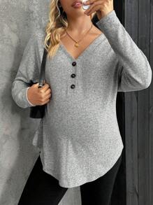 SHEIN Camiseta casual de manga larga de botones y media solapa en unicolor para maternidad, otoño/invierno