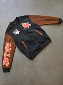 Manfinity Streetrush Chaqueta de béisbol casual de manga larga con botones y estampado de letras con contraste de color para hombres, otoño