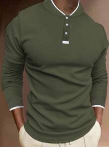 Manfinity Homme 男士休闲拼色饰边长袖 Polo 衫，秋季 - 軍綠色 - 查看 1
