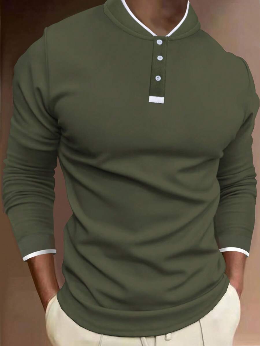 Manfinity Homme 男士休闲拼色饰边长袖 Polo 衫，秋季 - 軍綠色 - 查看 1