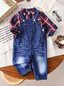 SHEIN Bộ 2 quần yếm denim và áo sơ mi kẻ caro màu sắc thường ngày cho bé trai mùa thu/đông, mặc trong nhà và ngoài trời - Rửa trung bình - Xem 3