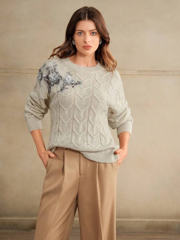 ヴィンテージエレガントなクリスマスシーケンスフローラル刺繍レディースプルオーバーセーター、ニットプルオーバー秋冬