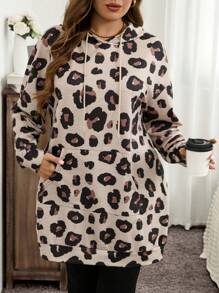 SHEIN LUNE Plus Size Fall/Winter Clothes Leopard Print Pocket Hoodie Holiday Outfit
