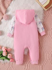 女婴彩虹印花长袖连帽连体衣，春秋新款 - 粉色 - 查看 2