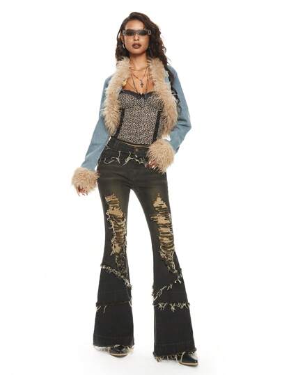 Grunge Punk Vintage Millennium Star Patch Frayed Hem Cropped Women Denim Jacket