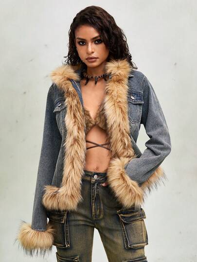 Grunge Punk Y2K Style Color-Block Fluffy Collar Denim Jacket