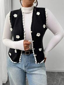 SHEIN Frenchy Casual 3D Floral Pattern Black & White Knitted Cardigan, Plus Size, Suitable For Autumn & Winter