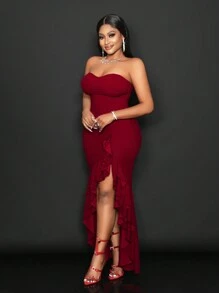 Slaydiva 派对/晚宴甜心领口无袖露肩纯色超长不对称荷叶边下摆连衣裙，适合圣诞节/情人节 - 酒紅色 - 查看 5