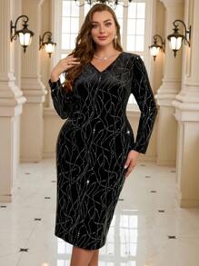 SHEIN Clasi Plus Size Women's Long Sleeve Black Velvet Warm Dotted Line Glitter Pattern Party Dress, Autumn/Winter