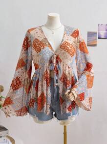 Soleia 大码女式复古花卉拼布针织网眼前开腰收腰喇叭袖衬衫上衣 - 彩色 - 查看 8