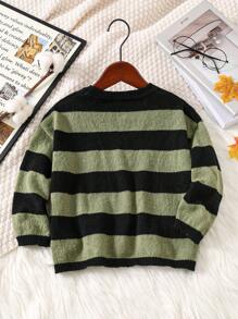 1pc Casual Academy Style Comfortable & Fashionable Loose Fit Deer Fleece Striped Crew Neck Sweater, Suitable For Kids Sweater, Christmas Sweater, Nightmare Before Christmas Kids Outfits, Young Boy Clothes, School & Back To School Boys Outfits, Suitable For Daily Wear, School, Travel, Sports, Autumn & Winter Season - Green - View 8