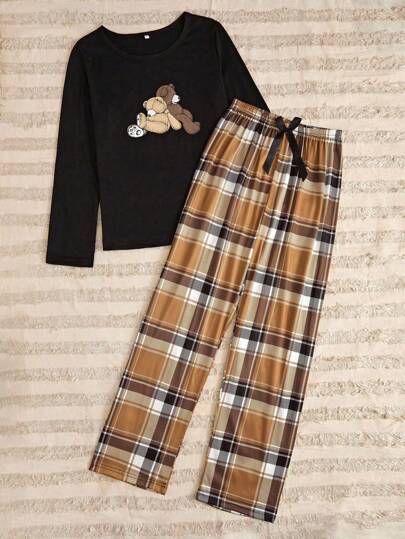 Cartoon Graphic Tee Plaid Pants PJ Set Pajama Set, Fall Clothes Cozy Elegante s, view 4