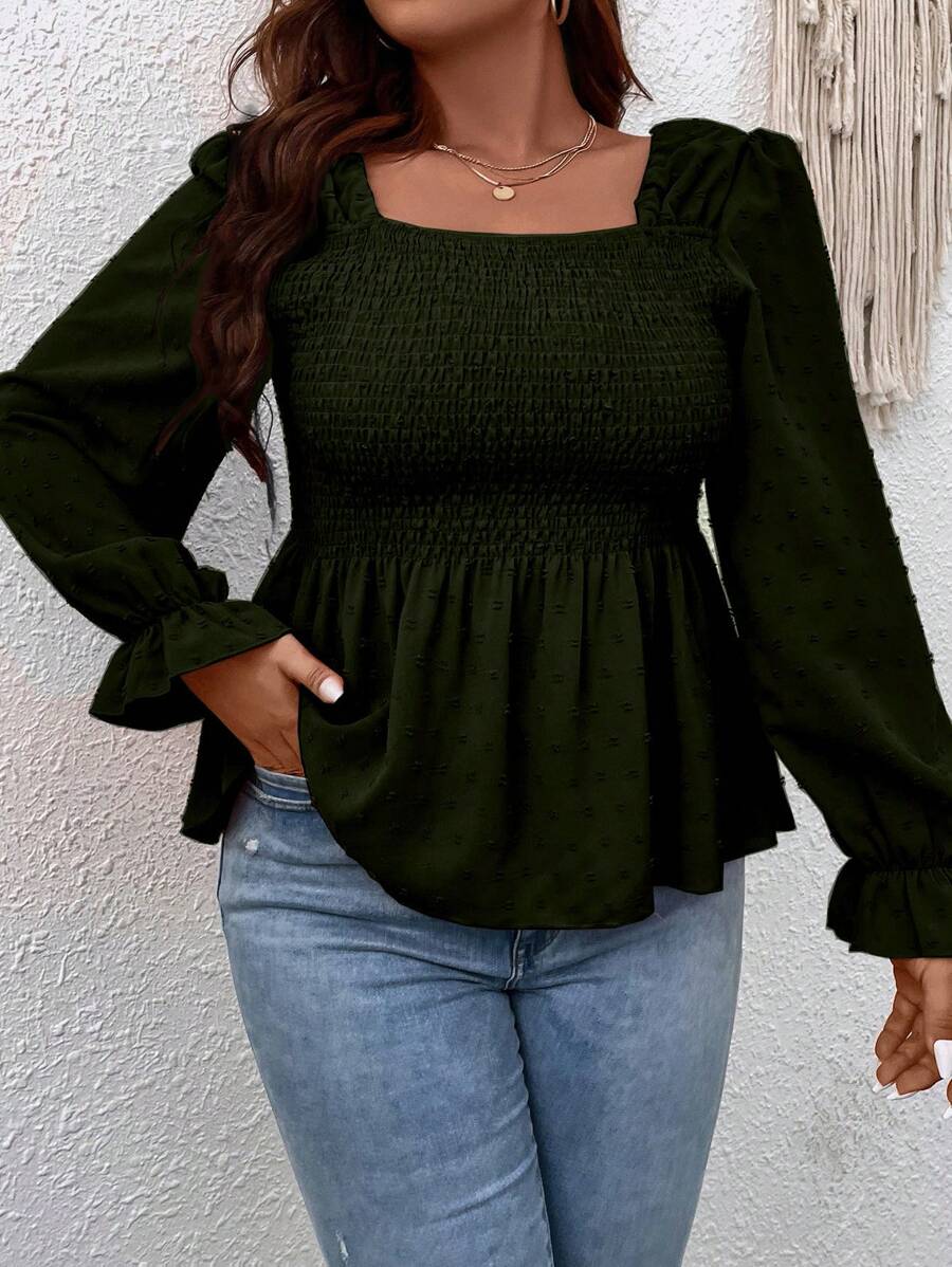 EMERY ROSE 加大码纯色方领荷叶边下摆长袖衬衫荷叶边上衣 - 軍綠色 - 查看 1