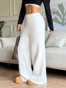 SHEIN EZwear Pantalones casuales tejidos de cintura elástica y unicolor cálidos y gruesos para mujeres