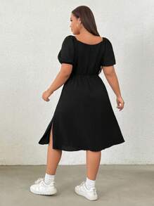 SHEIN CovetEZ Plus Size Black Casual/Resort Texture A-Line Dress - Black - View 2