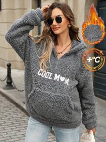 SHEIN Maternity Hooded Half-Zip Pocket Decorated Teddy Fleece Sweatshirt, For Winter