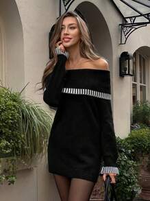 Pariaura 露肩宽松纯色休闲性感毛衣连衣裙 - 黑色 - 查看 6