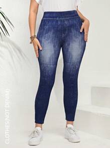 EMERY ROSE Plus Size All-Over Print Elastic Waist Fitted Casual Leggings - Navy Blue - View 6