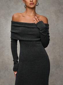 SHEIN BAE Váy dài trễ vai màu xám thanh lịch cho nữ, Váy thanh lịch cho nữ, Váy dự tiệc cưới mùa thu - màu đen - Xem 5
