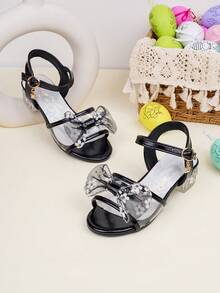 儿童时尚蕾丝休闲蝴蝶结透气低跟凉鞋 - 黑色 - 查看 4