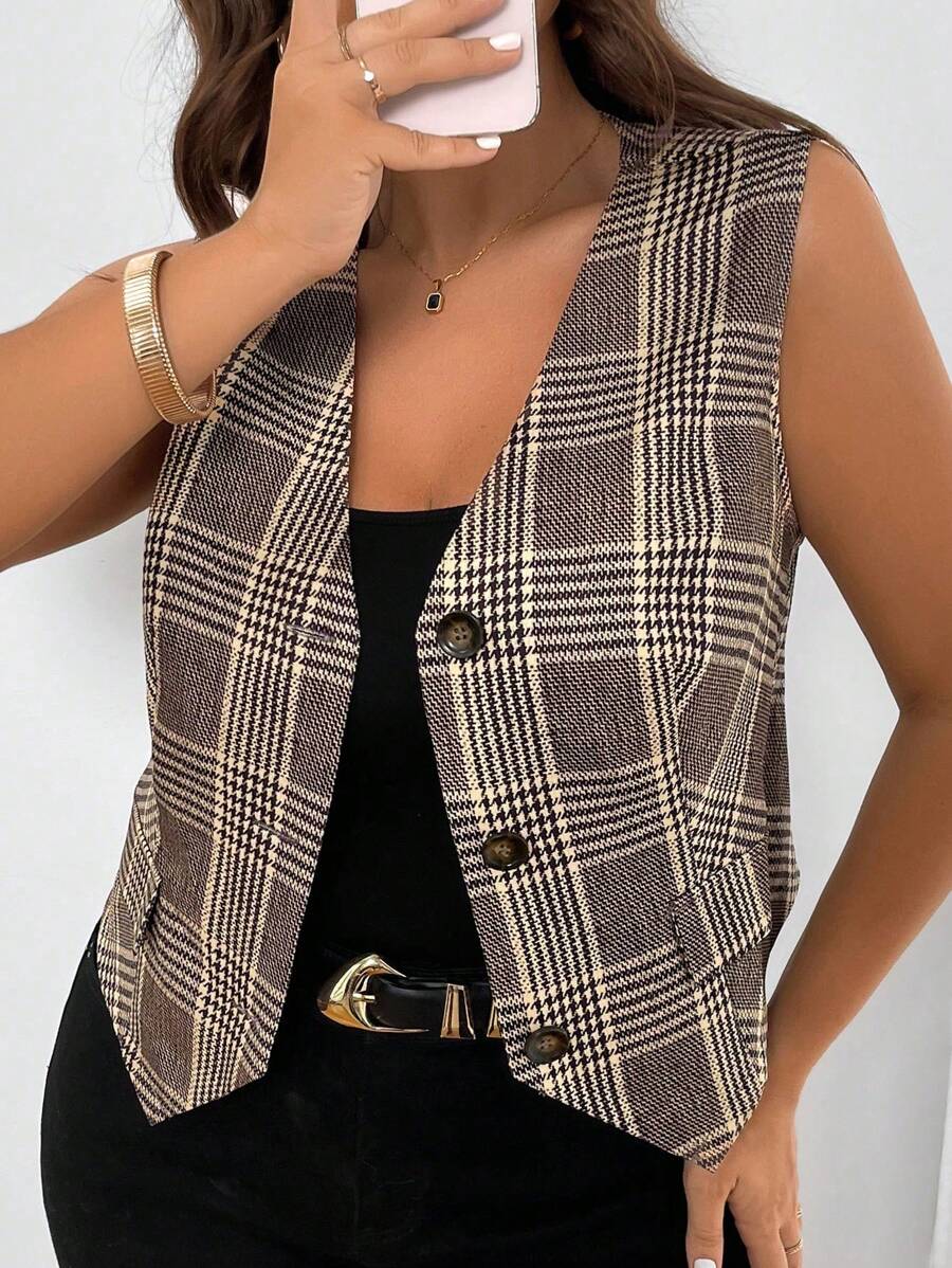 Calvaya Plus Plaid Print Button Front Vest Blazer - Multicolor - View 1