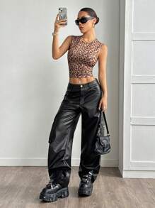 StreetHx Women's Round Neck Leopard Print Sleeveless Tank Top, Casual Daily Wear