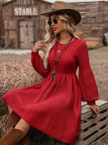 SHEIN VCAY Women's Casual Vacation Linen Patchwork A-Line Waisted Long Sleeve Crew Neck Midi Dress For Autumn/Winter