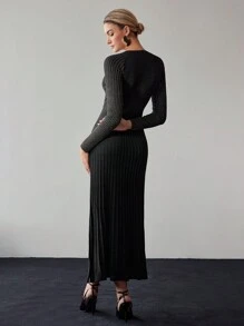 Women's Autumn Color Block V-Neck Long Sleeve Fitted Elegant Sweater Dress