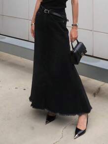 DAZY Women's Long Denim Fish Tail Skirt Jeans Skirt - Black - View 3