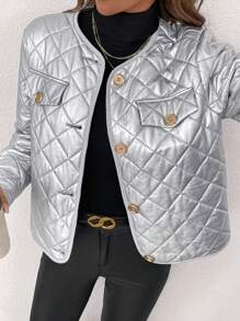 SHEIN Clasi Áo khoác chần bông tay dài thanh lịch mùa đông cho nữ ấm áp và thoải mái với chi tiết vạt lấp lánh màu bạc - Bạc - Xem 2