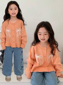 DAZY Young Girl Raglan Sleeve Cardigan With Bowknot Pattern, Autumn/Winter - Orange - View 1