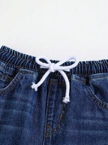 Cozy Pixies 年轻男孩休闲柔软基本款水洗猫须撞色腰带宽松蓝色牛仔锥形牛仔裤，休闲百搭，适合年轻男孩秋冬服装 - 深色水洗藍 - 查看 4