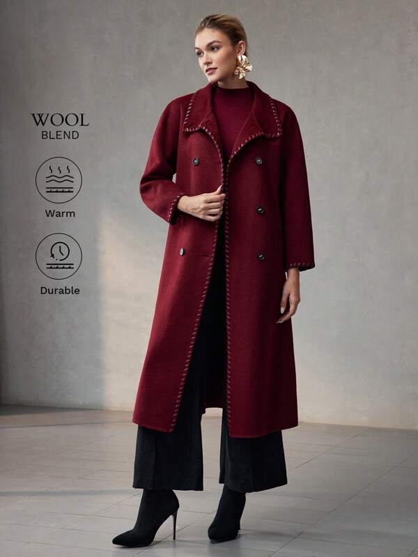 MOTF PREMIUM ABRIGO LARGO CON CINTURÓN, CUELLO ALTO, CONTRASTE DE PUNTADA DE LANA