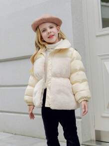 Young Girl Elegant Quilted With Rabbit Fur Trim Padded Coat For Winter - Champagne - View 1