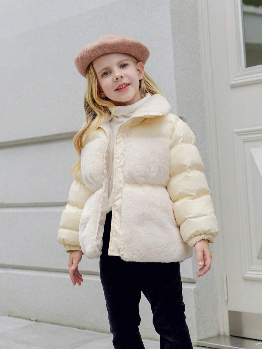 Young Girl Elegant Quilted With Rabbit Fur Trim Padded Coat For Winter - Champagne - View 1