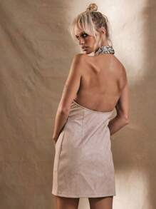 MUSERA 西部风PU裹身露背迷你连衣裙，春季性感派对外出春夏度假装 - 奶油色 - 查看 3