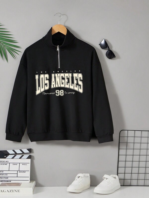 Teen Boy Casual Letter Print Zipper Half-Zip Sweatshirt, Suitable For Autumn