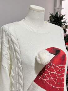 Flirla Plus Size Women Christmas Hat Pattern Dropped Shoulder Crew Neck Long Sleeve Sweater, Autumn/Winter Knit Pullover Fall - Apricot - View 4