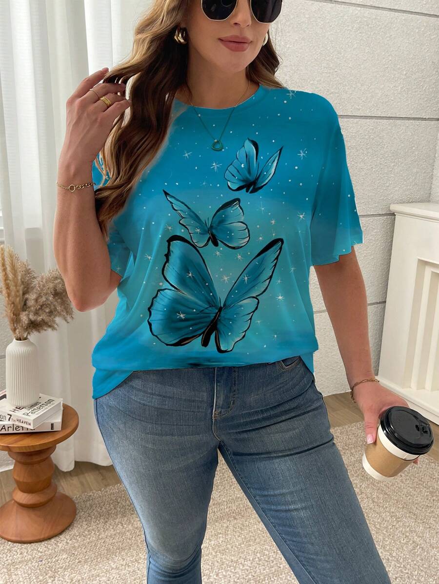 大码蝴蝶印花渐变色 T 恤、图案 T 恤、女式夏季上衣 - 彩色 - 查看 1