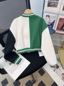 Tween Girls Casual Short Loose Contrast Badge Print Bomber Jacket - Green - View 2