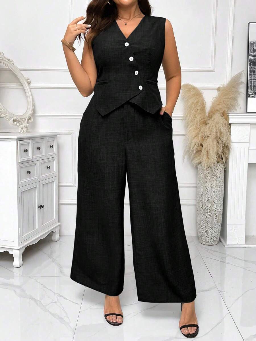 Flirla Plus Size V Neck Sleeveless Vest + Wide Leg Pants 2pcs Set - Black - View 1