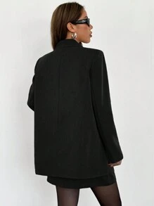 SHEIN EZwear 女士商务休闲套装：直领单排扣夹克和铅笔裙，适合通勤，秋季 - 黑色 - 查看 2