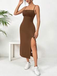 SHEIN EZwear 1pc Women Solid Color Pleated Casual High Slit Camisole Dress - Coffee Brown - View 4