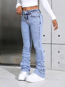 SHEIN Quần ống loe xếp ly màu xanh vintage dáng Y2K cho bé gái SLAYR KIDS, phong cách đường phố mùa thu. - Rửa trung bình - Xem 6