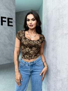 SHEIN EZwear 女士豹纹甜心领短袖修身T恤，夏季T恤 - 棕色 - 查看 4