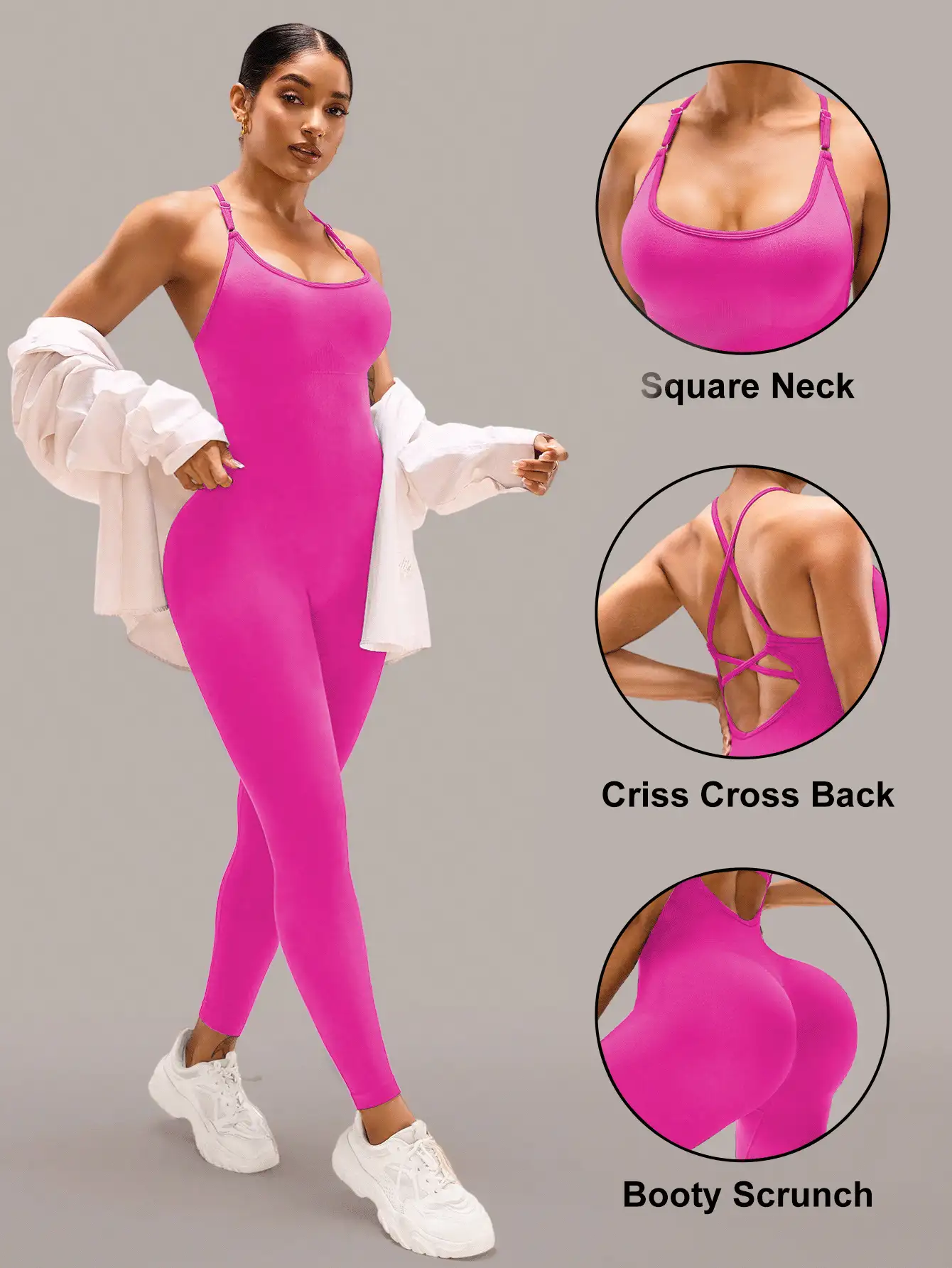 SHEIN Sports Bộ đồ liền thân thể thao bó sát không tay hở lưng màu trơn - Màu Hồng Tươi - Xem 2