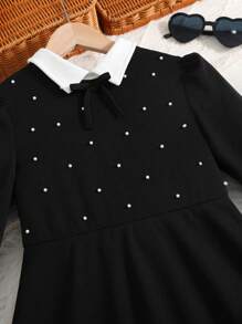 SHEIN Leap Crew Tween Girl Contrast Collar Bow Beaded Knit Snug Fit Dress, Elegant Academic Style, Daily Fashion Wear
