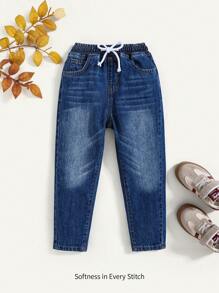 Cozy Pixies 年轻男孩休闲柔软基本款水洗猫须撞色腰带宽松蓝色牛仔锥形牛仔裤，休闲百搭，适合年轻男孩秋冬服装 - 深色水洗藍 - 查看 3