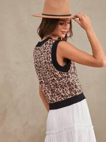 WESTFADE Leopard Pattern Cropped Sweater Vest